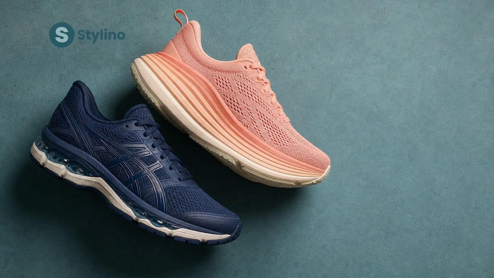 Ένα παπούτσι ASICS κι ένα HOKA το ένα απέναντι στο άλλο σε μεσογειακή επιφάνεια