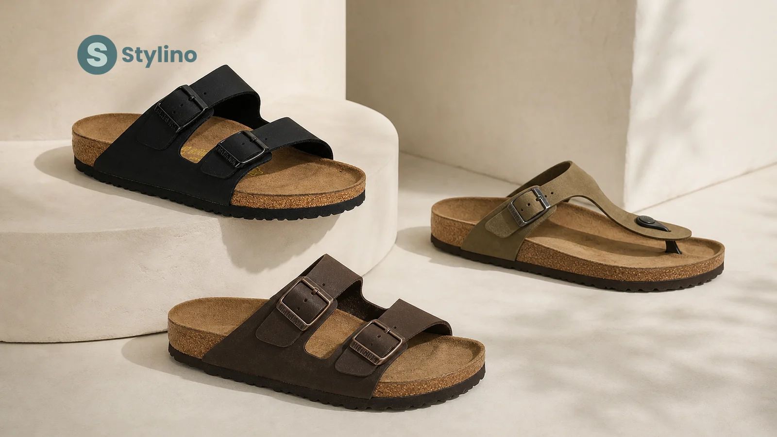 Οδηγός αγοράς Birkenstock για Κύπρο — editorial σύνθεση σανδαλιών με cork footbed
