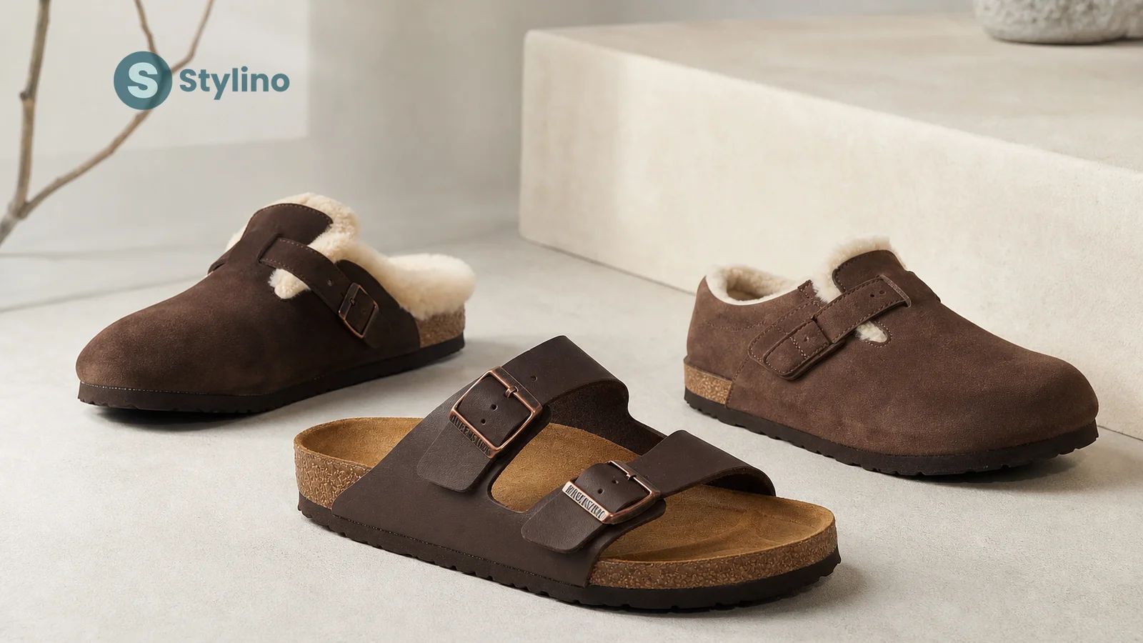 Birkenstock boots and shearling guide — editorial arrangement of winter leather boots and wool-lined mules