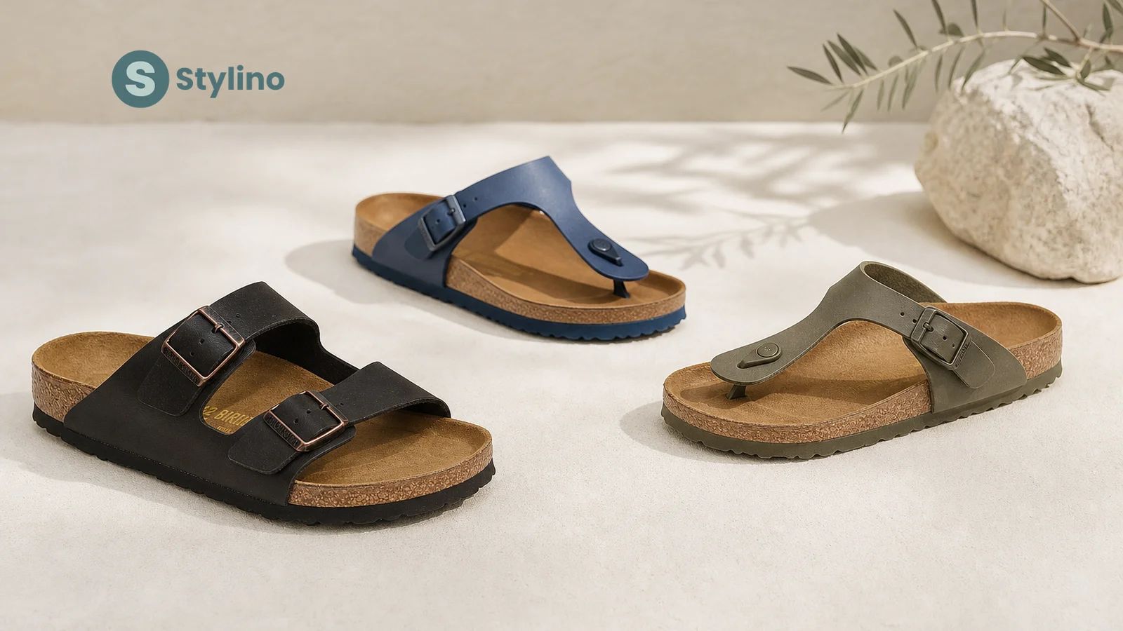 Οδηγός Birkenstock σανδαλιών για Κύπρο — editorial σύνθεση Arizona, Gizeh και Madrid