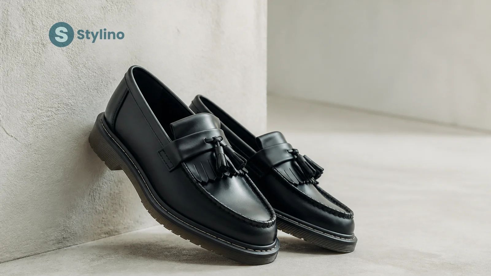 Dr. Martens Adrian tassel loafer in black polished leather with kiltie fringe and yellow stitching on a teal-toned editorial surface