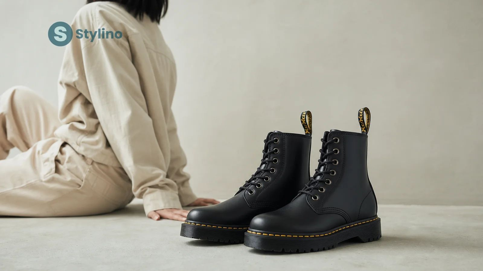 Dr. Martens vegan 1460 boot in black Felix Rub Off with yellow heel loop on a teal minimalist editorial surface