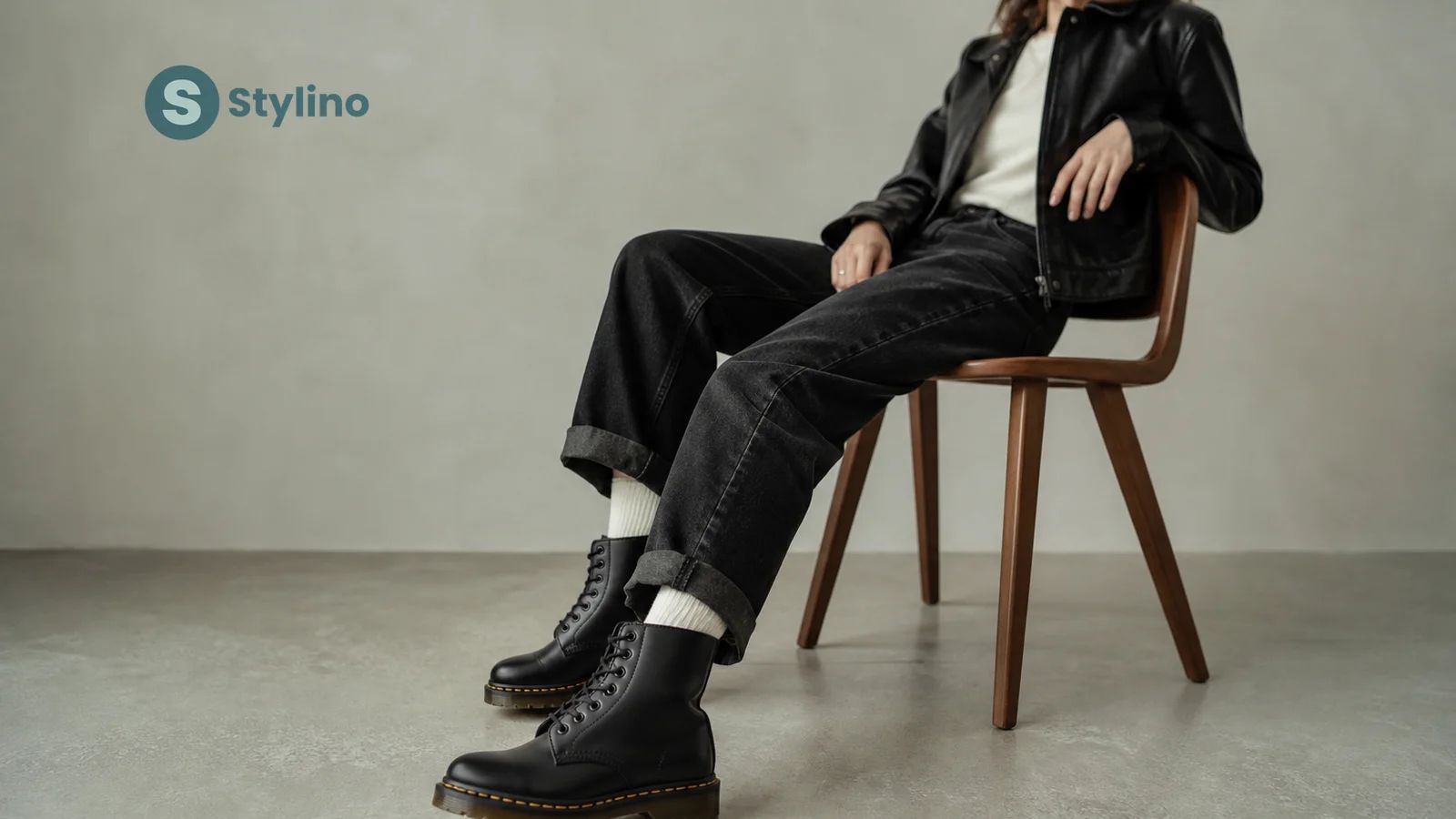Dr. Martens 1460 μπότες σε styling με φλοράλ φόρεμα και δερμάτινο jacket σε εκδοτικό teal φόντο