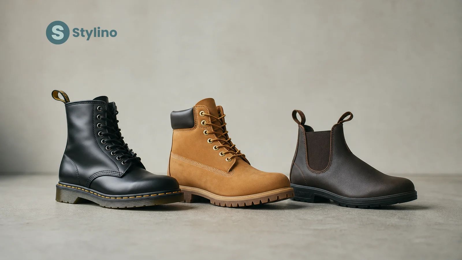 Dr. Martens 1460, Timberland 6-inch, and Blundstone 550 boots arranged side by side on a teal-toned editorial surface