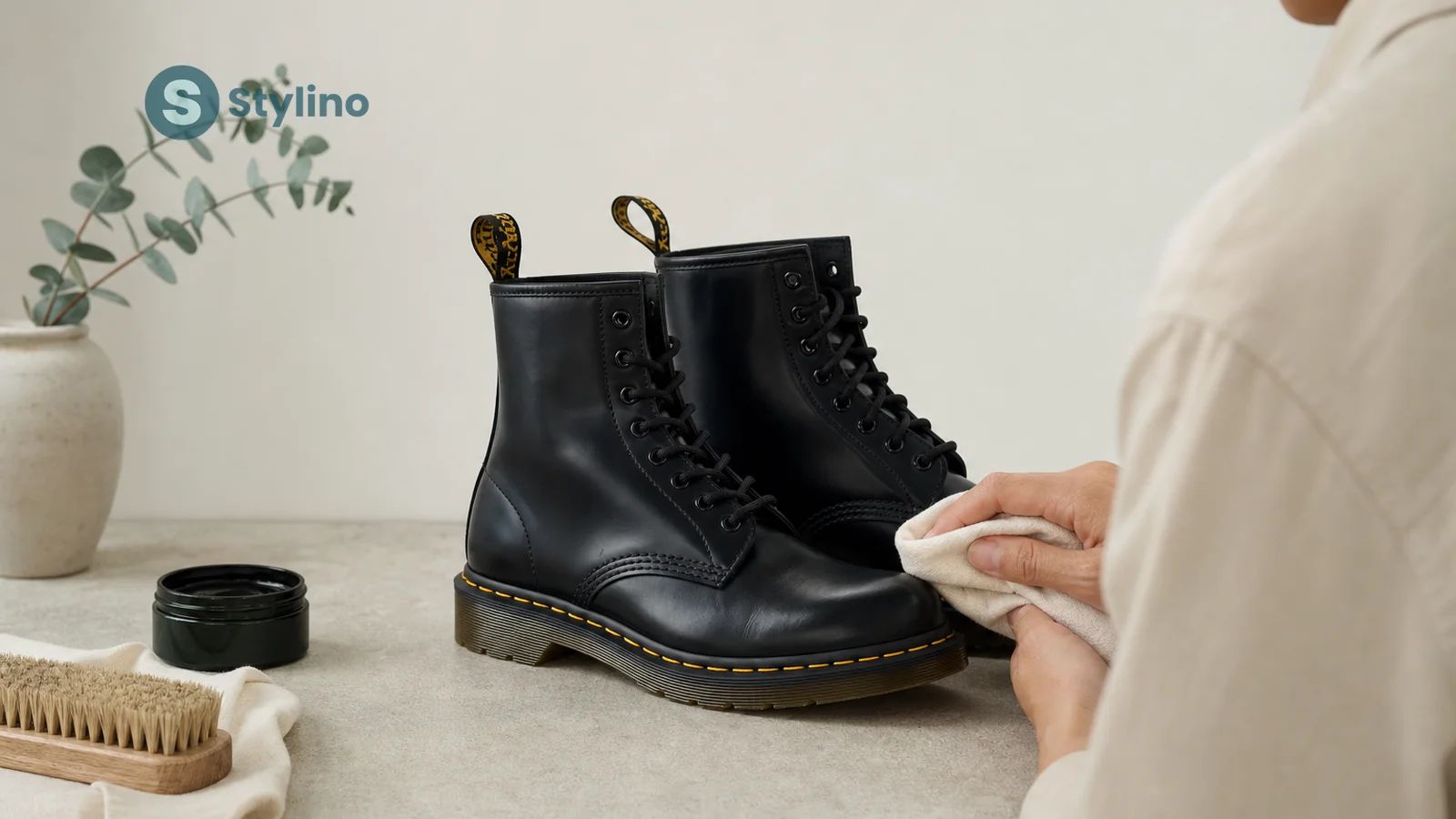 Dr. Martens 1460 boot with Wonder Balsam tin and soft cloth on a teal minimalist editorial surface