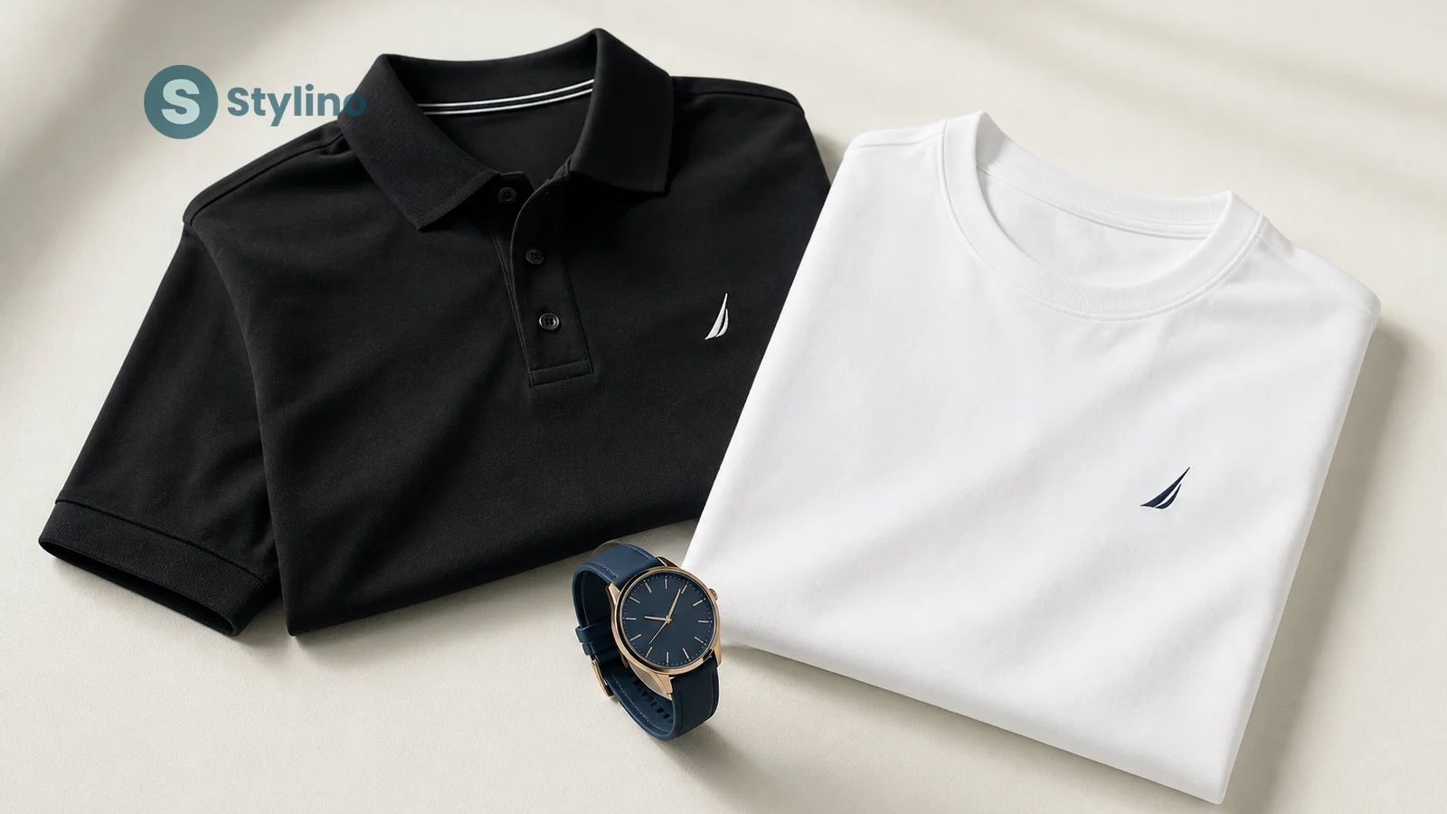 Nautica clothing and accessories flat-lay representing the brand's Cyprus catalog on Stylino