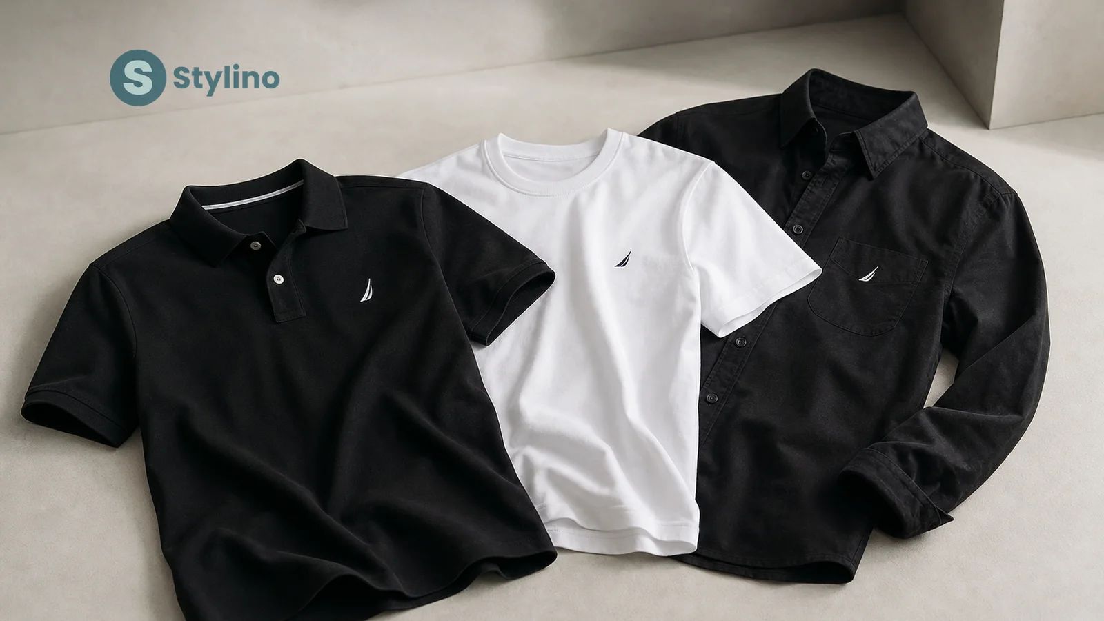 Nautica polo shirts and t-shirts arranged in a maritime-inspired flat-lay with navy and white tones