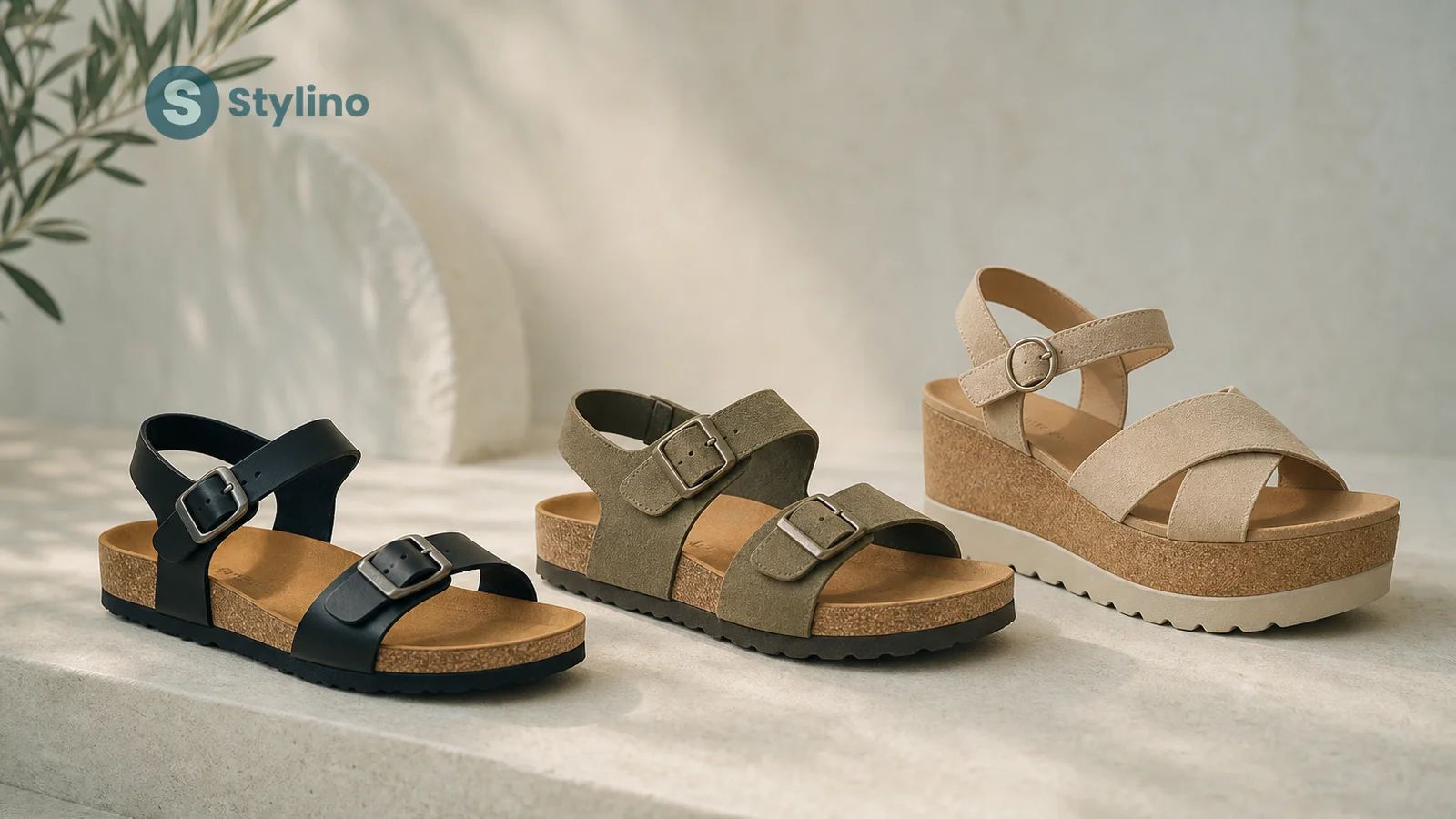 Plakton cork sandals buying guide for Cyprus — editorial flat-lay of cork-soled Mediterranean footwear