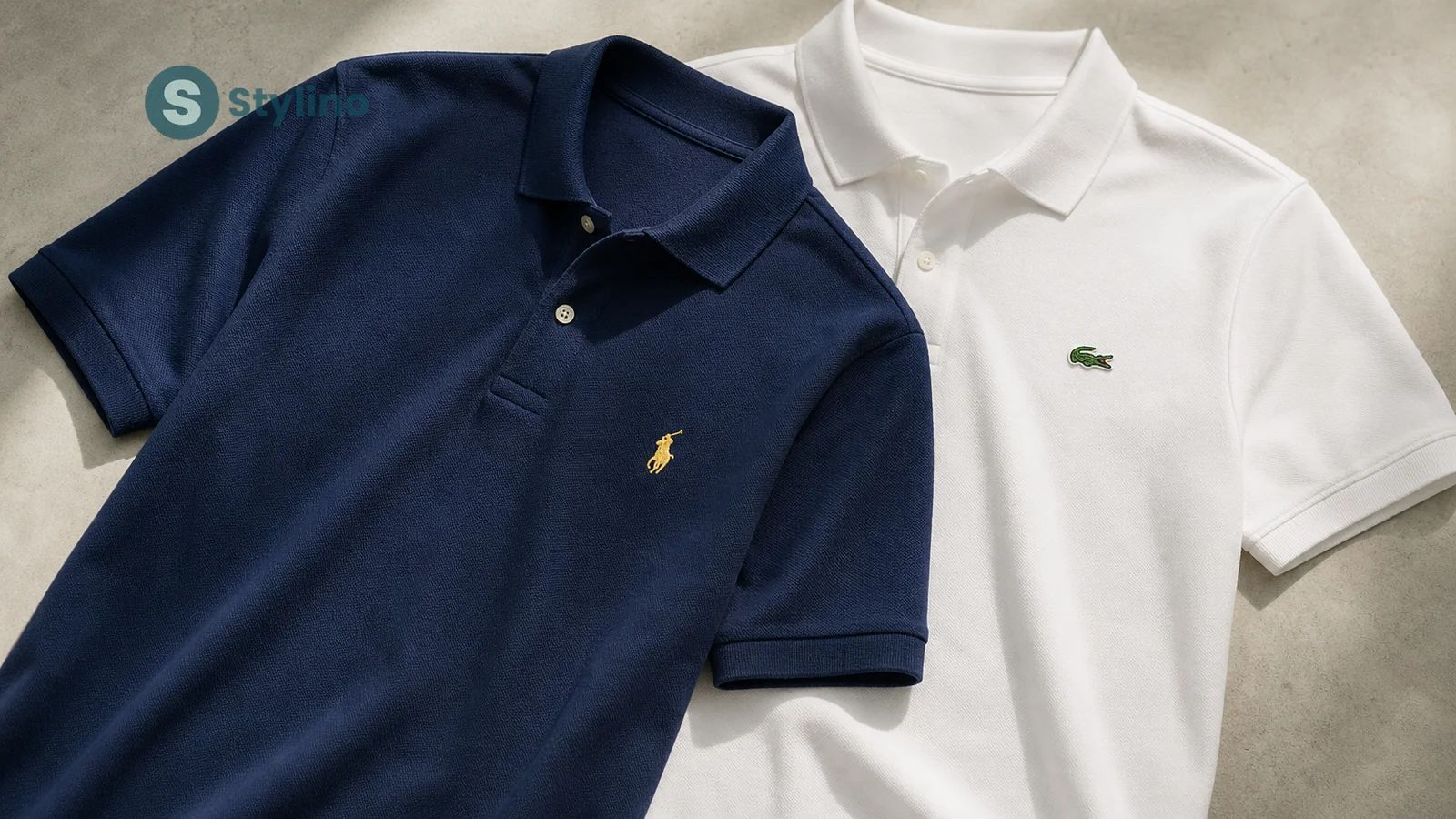 Polo Ralph Lauren vs Lacoste vs Tommy Hilfiger comparison — three polo shirts side by side on a teal editorial background