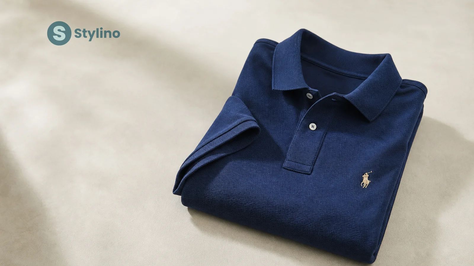 Ralph Lauren polo shirt care — cotton mesh polo on padded hanger with washing essentials on a teal editorial background