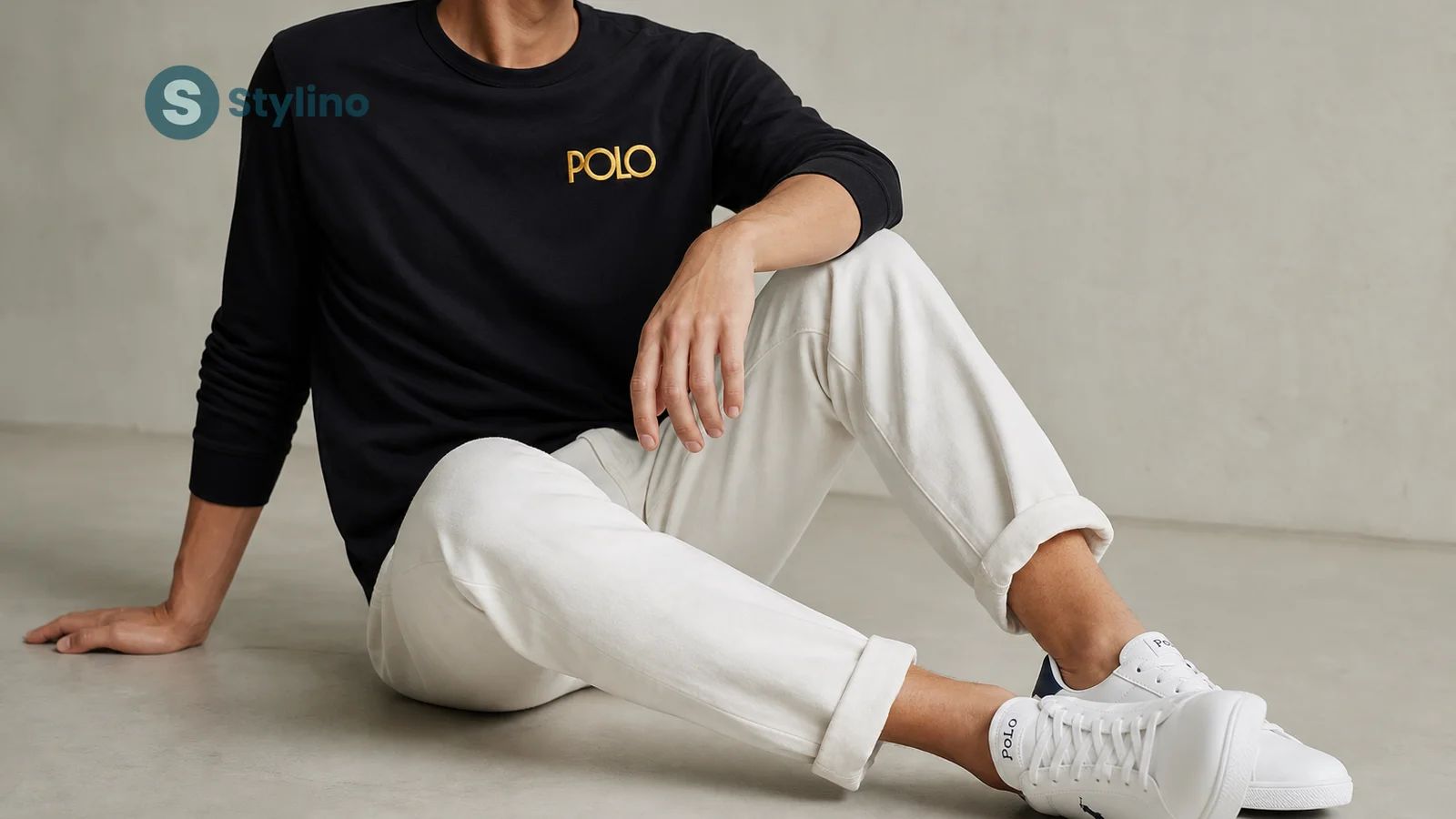 Polo Ralph Lauren outlet and sale deals — polo shirts and sneakers with price tags on a teal editorial background