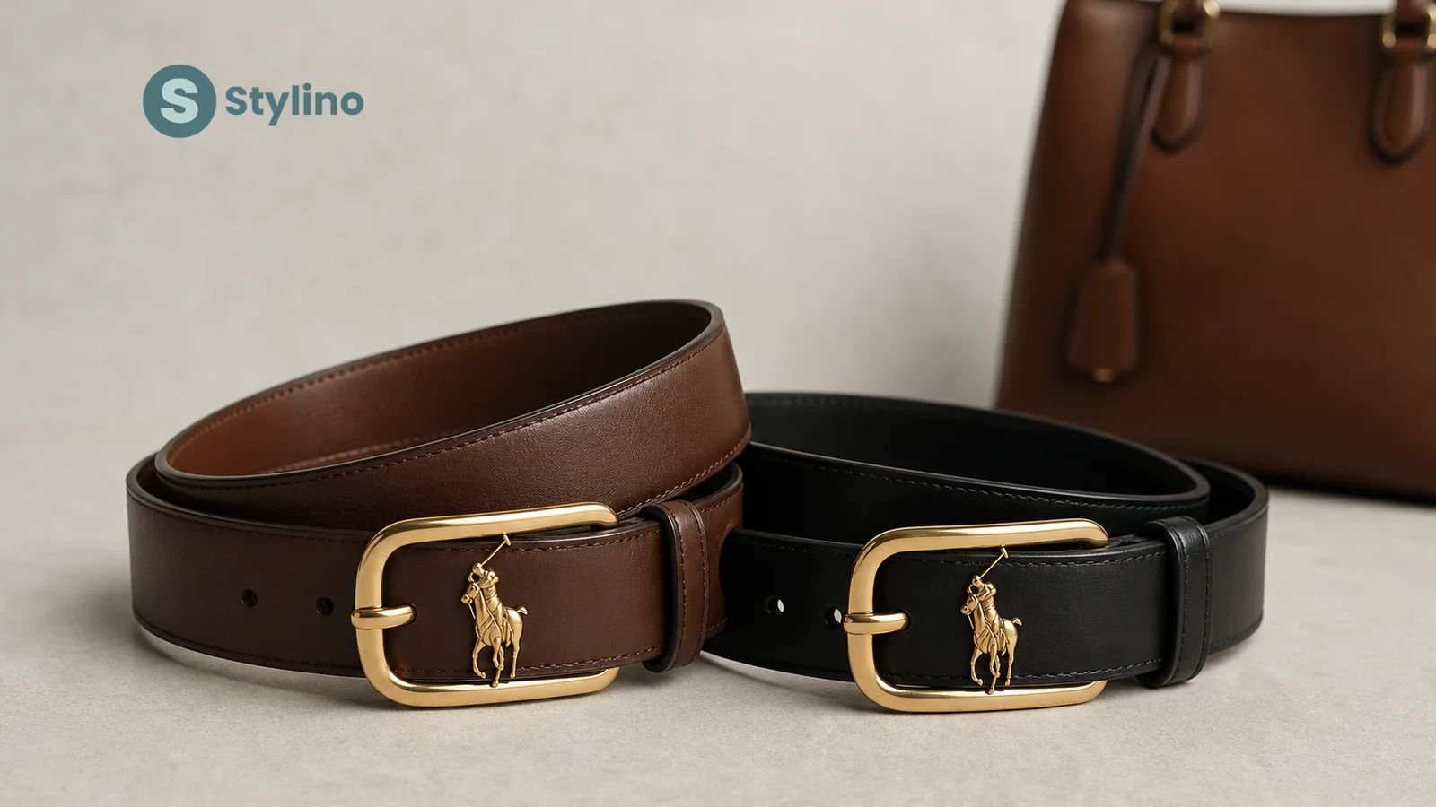 Polo Ralph Lauren bags and accessories guide — editorial flat lay of leather belt, shoulder bag, baseball cap, and sunglasses on a teal background