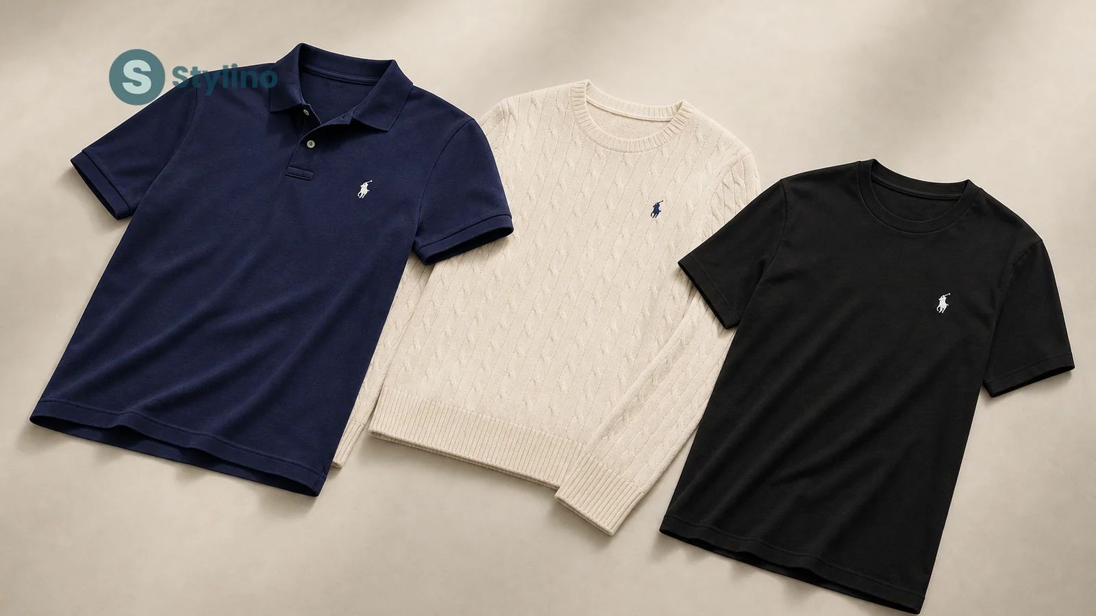 Polo Ralph Lauren size guide — tape measure draped over polo shirts in Classic, Custom Slim, and Slim Fit