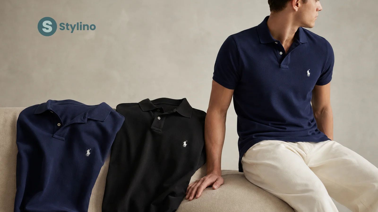 Ralph Lauren polo shirt guide — editorial flat-lay of cotton mesh polos in navy, white, and black with the iconic pony logo