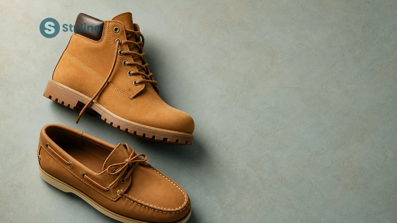 Μια σιταρένια μπότα Timberland κι ένα δερμάτινο boat shoe σε μεσογειακή επιφάνεια για τον οδηγό τιμών Κύπρου