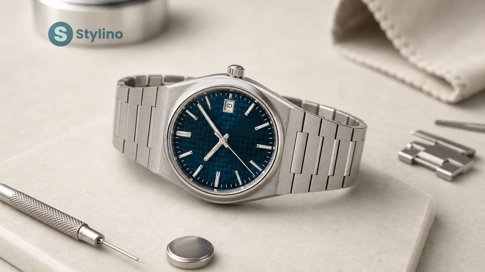 Tissot watch care and battery replacement — tools and timepiece on teal editorial background