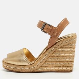 Prada Ankle Strap Size 39 Gold/Brown Leather Platform Wedge Sandals