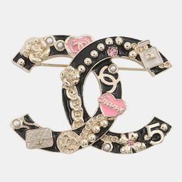 Chanel Cc Logo Strass Brooch Black Gold Plated Rhinestone Faux Pearl