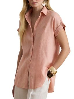 Γυναικείο Λινό Κοντομάνικο Πουκάμισο Ροζ Ralph Lauren 200874259012-Pink