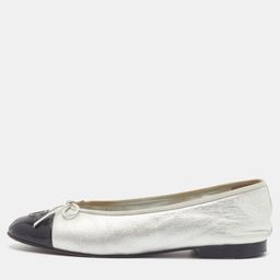 Chanel CC Size 39 Silver/Black Leather and Patent Leather Ballet Flats